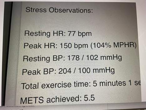 Image with Annelie’s blood pressure and heart rate; from a treadmill stress test, less than two months ago.