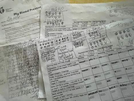 The image showing Annelie’s recordings of daily blood pressure, diet servings, and fluid intake.